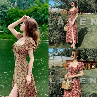 Đầm váy nữ xẻ tà hoa xoè voan lụa cao cấp