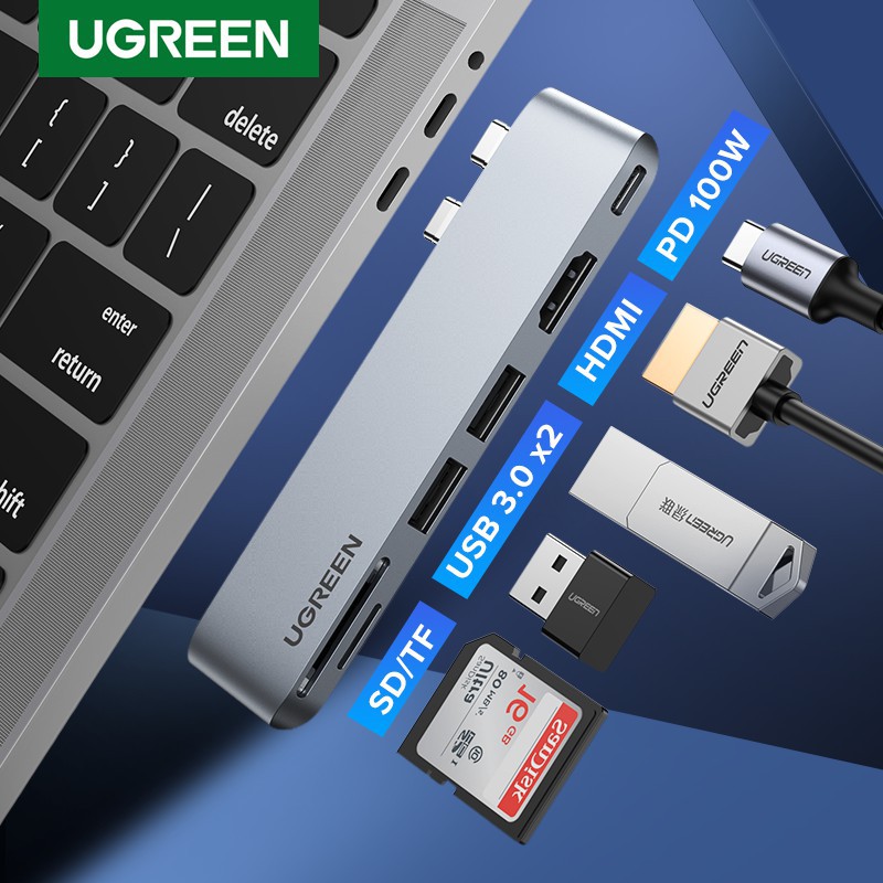 Cáp Chuyển Hub Ugreen 6 in 2 Dual Type C to HDMI+ 2USB 3.0+ Card Reader + Type C Ugreen 80856