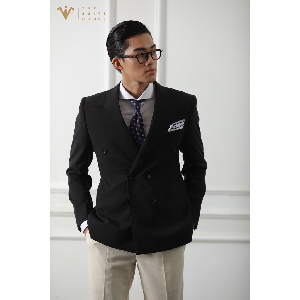 Bộ vest nam đen AP phối trắng kem, 2 túi 6 khuy, suits sartorial chất cashmere The Suits House