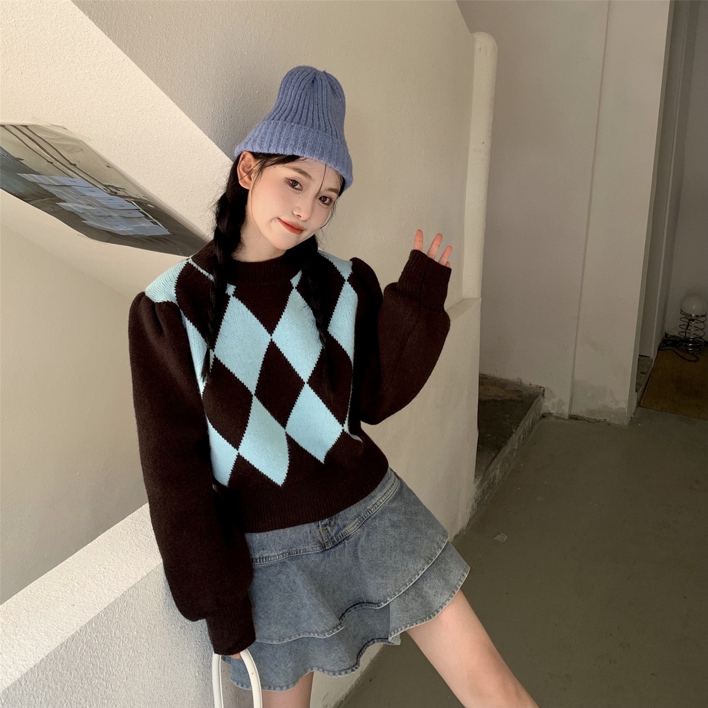 Áo sweater tay dài phồng dáng ôm sọc ca rô thời trang retro phương tây cá tính cho nữ
