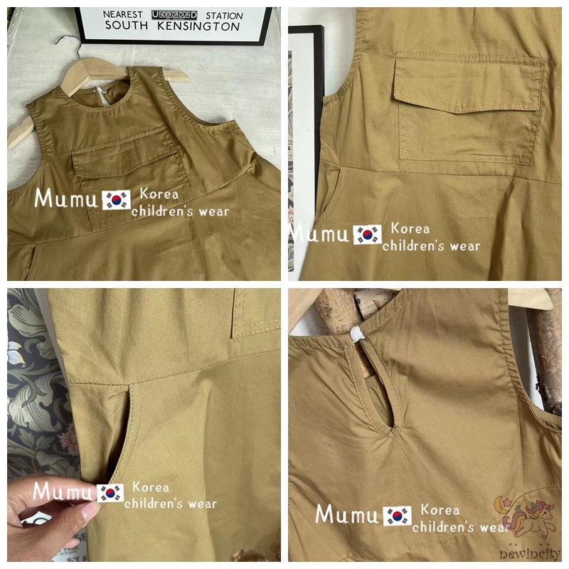 Đầm Không Tay Phối Túi Dễ Thương Thân Thiện Với Da Phong Cách Hàn Quốc Dành Cho Bé Gái