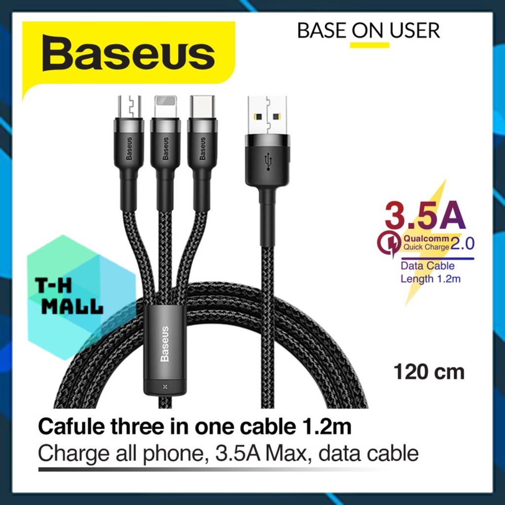 Cáp sạc 3 trong 1 Baseus Cafule USB to Lightning - TypeC - Micro Cáp sạc 3 đầu đa năng cho nhiều dòng điện thoại