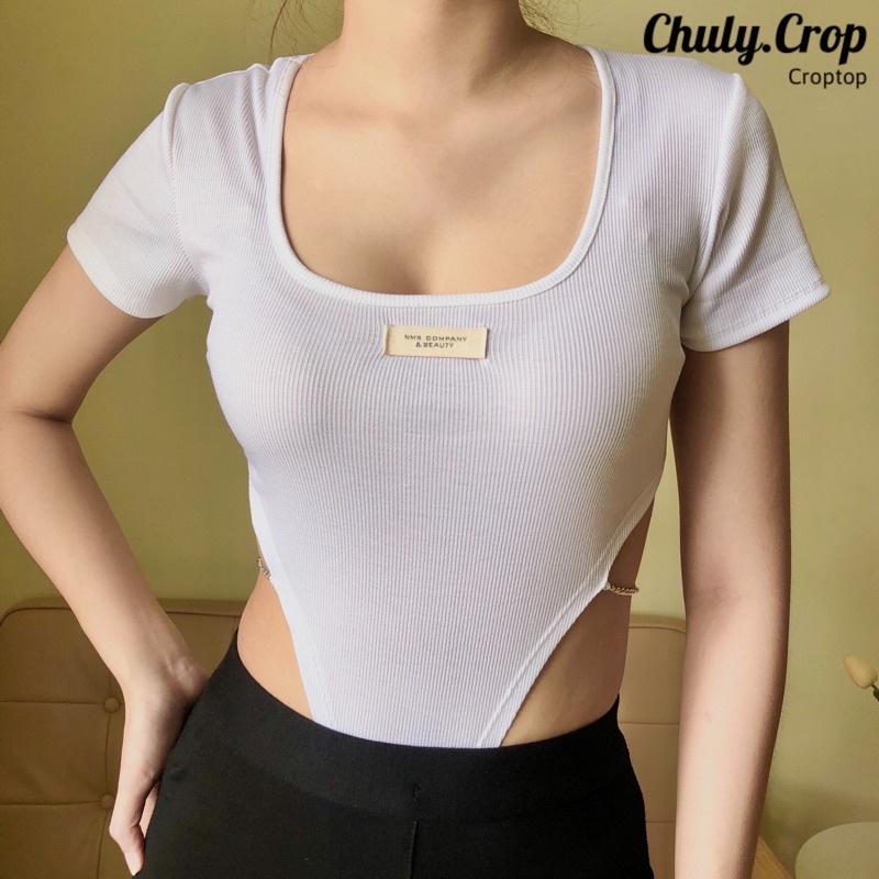 Áo Bodysuit ôm cổ U phối xích eo - Kèm hình thật