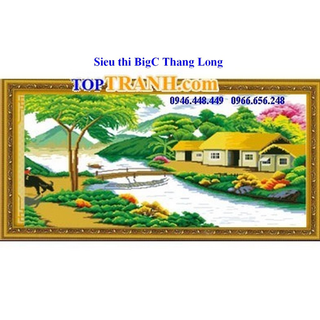 tranh thêu chữ thập ngôi nhà ven sông phong cảnh làng quê Việt Nam 222739 (chưa thêu)