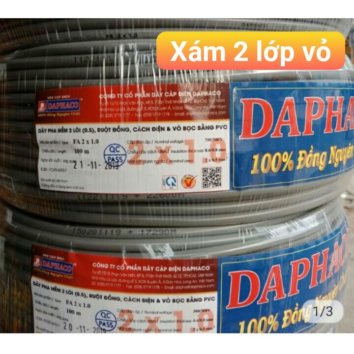 DÂY ĐIỆN XÁM BỌC 2 LỚP ĐỒNG 100% - Bán lẻ theo mét.