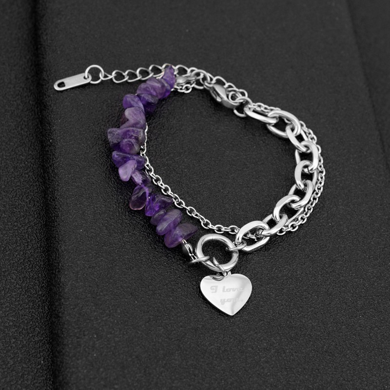 Vòng Đeo Tay Bằng Thép Titan Đính Đá Thạch Anh Tím Phong Cách Hip Hop Dành Cho Nam Và Nữ