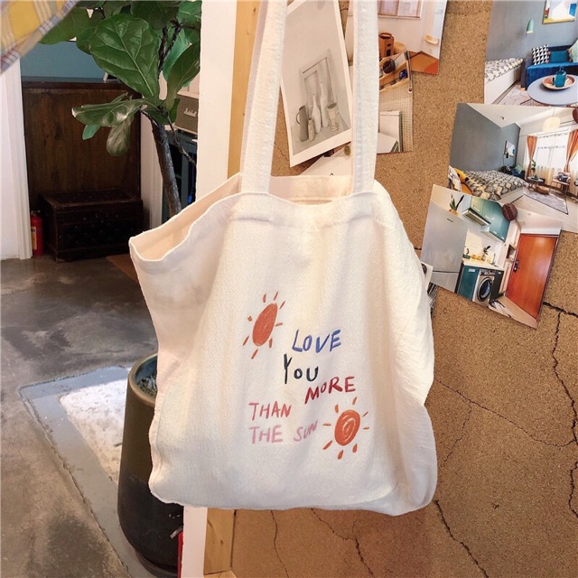 TÚI TOTE VẢI ULZZANG TRẮNG NGÀ VINTAGE LOVE YOU MORE THAN THE SUN