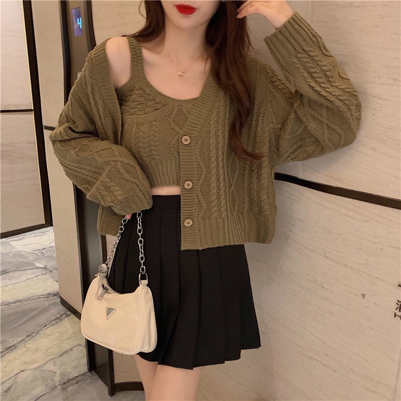 Set đồ gồm áo hai dây cổ chữ V và áo khoác cardigan dệt kim thời trang mùa thu dành cho nữ
