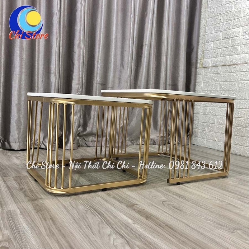 Bàn Trà Đôi Vuông Mặt Đá 3D Khung Sơn Tĩnh Điện, Bàn Trà Đôi Phòng Khách Sang Chảnh