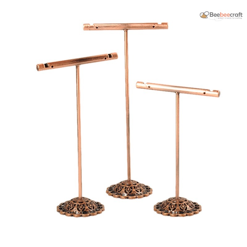 Beebeecraft 5 Sets T Bar Iron Earring Displays Sets Jewelry Display Rack Jewelry Tree Stand Red Copper 90~125x60x34mm for DIY Jewelry Making