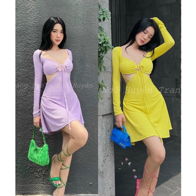 Đầm tay dài cổ vuông khoen nơ giữa khoét eo và lưng cực sexy , chất thun gân xương cá dày dặn mk