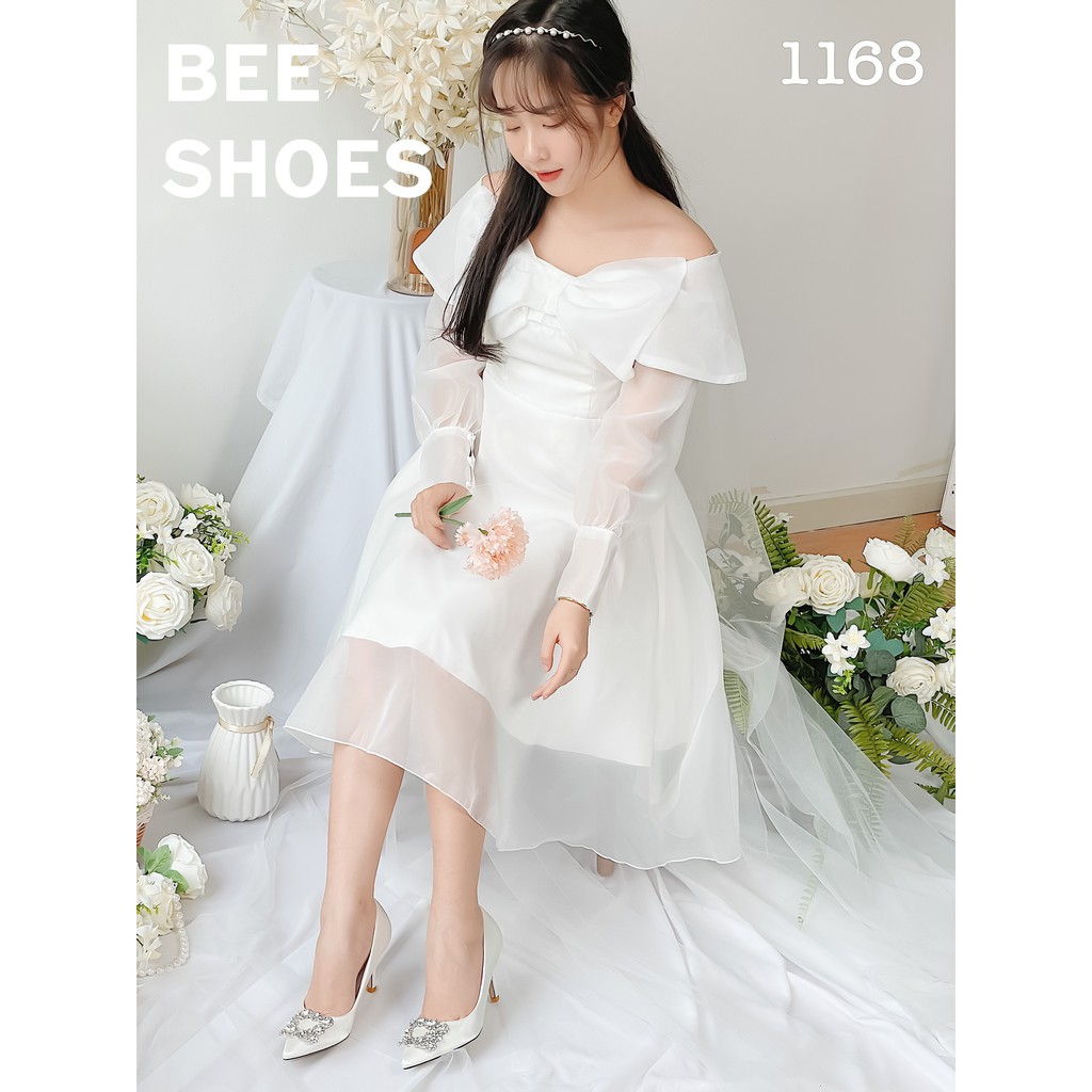 BEESHOES - GIÀY CAO GÓT NỮ MŨI NHỌN HỌA TIẾT ĐÁ VUÔNG - GIÀY CAO GÓT NỮ MŨI NHỌN GÓT NHỌN 7 PHÂN SẴN MÀU TRẮNG 201168