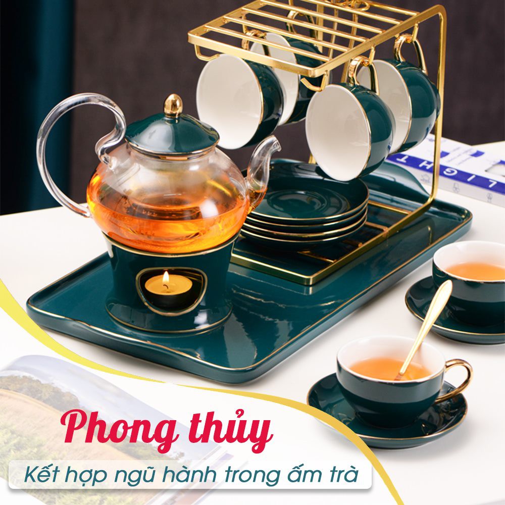 BỘ ẤM TRÀ SANG TRỌNG, TINH TẾ CỐC SỨ XANH VIỀN VÀNG, BỘ ẤM TRÀ HOÀNG GIA - TẶNG KÈM KHAY SỨ - BẢO HÀNH 2 NĂM