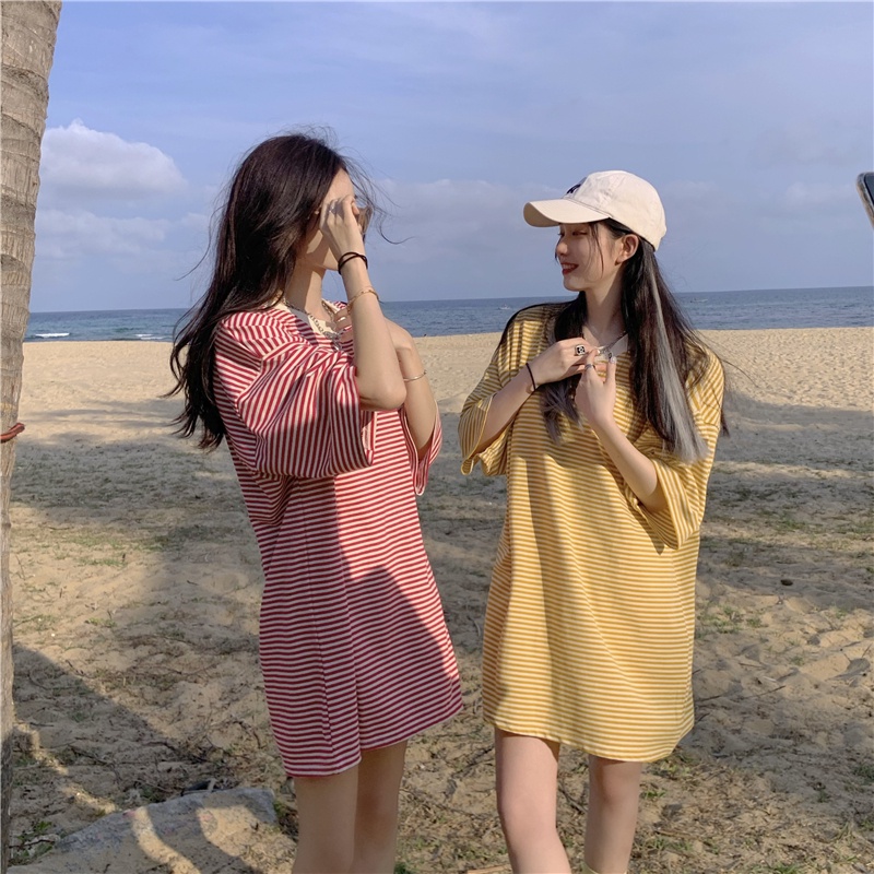 Áo thun IELGY ngắn tay dáng suông họa tiết kẻ sọc phong cách retro cho nữ