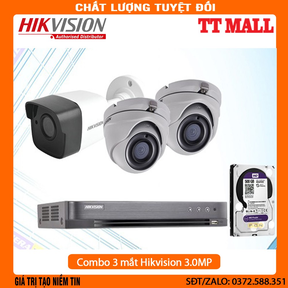 [Mã ELHAMS5 giảm 6% đơn 300K] Trọn bộ 3 camera HIKVISION 3.0 Megapixel kèm HDD 500G và 60 mét dây liền nguồn