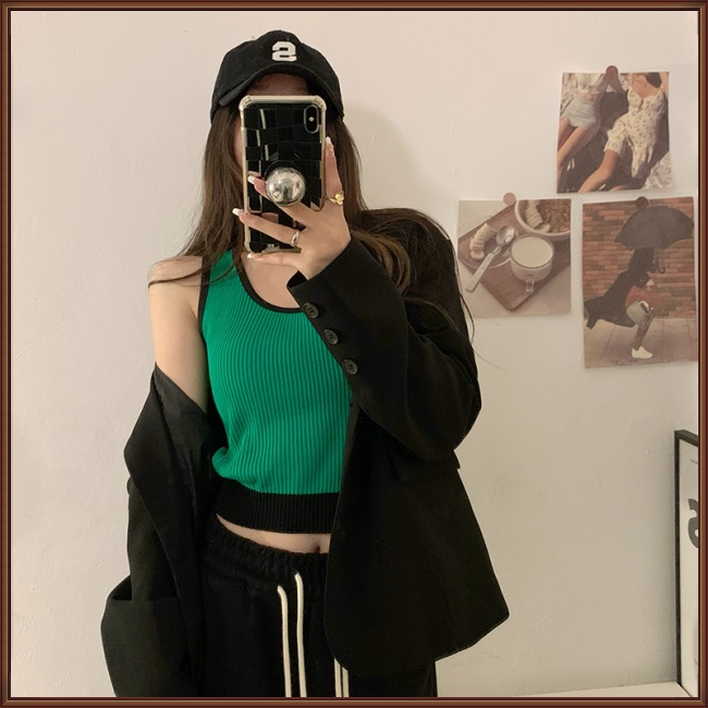 Áo Croptop Dệt Kim Không Tay Cổ Tròn Màu Sắc Tương Phản Quyến Rũ Dành Cho Nữ