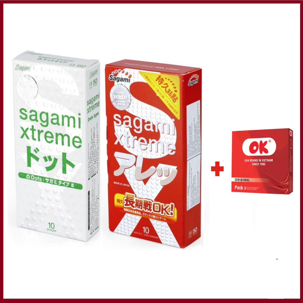 Combo 2 Bộ Hộp Bao Cao Su SAGAMI Xtreme White &amp; Feel Long Gân Gai, Tặng Hộp 3c BCS OK [23 Chiếc]