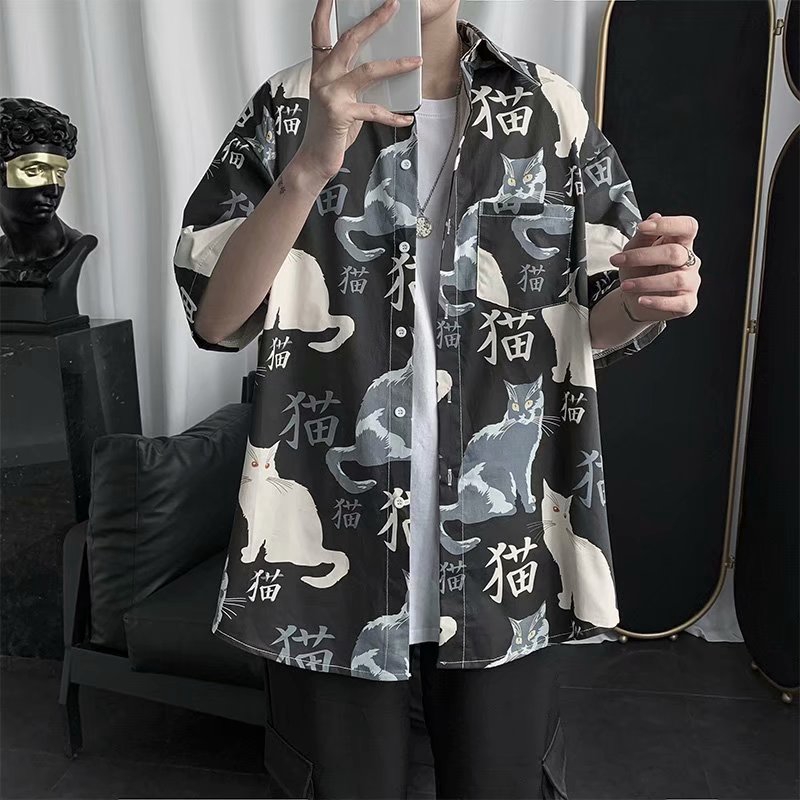 Real shot spot summer urban trend all-match loose casual fashion personality printing design casual short-sleeved shirt
