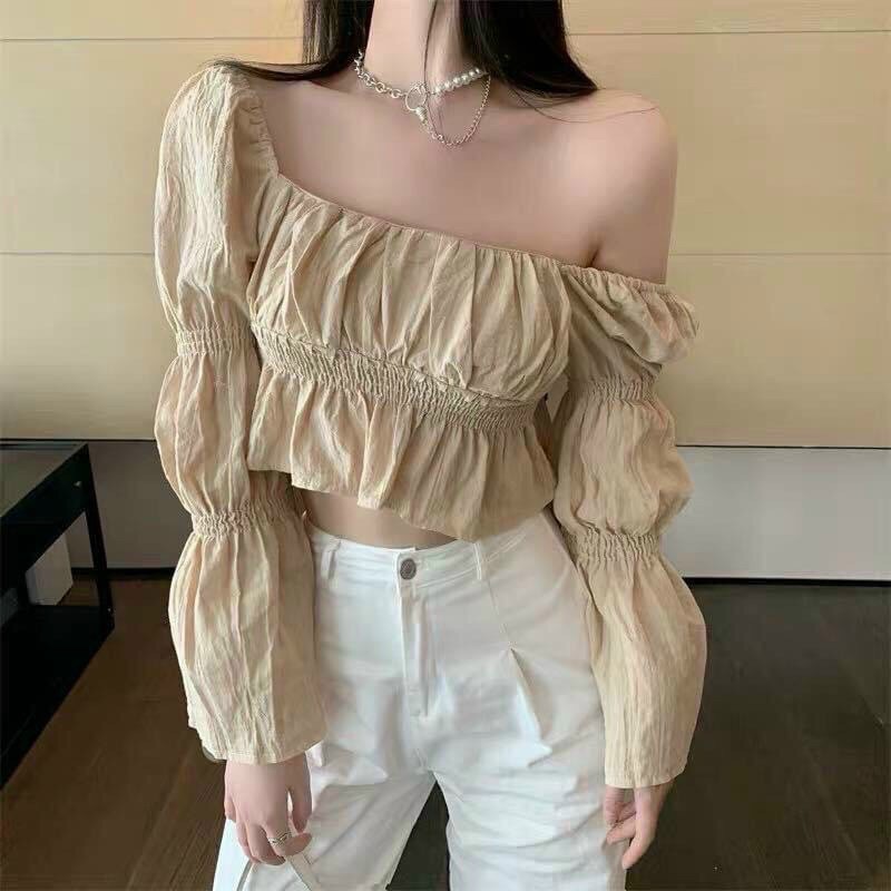 Áo kiểu croptop trễ vai chun eo, tay áo may chun ống loe, chất voan xịn