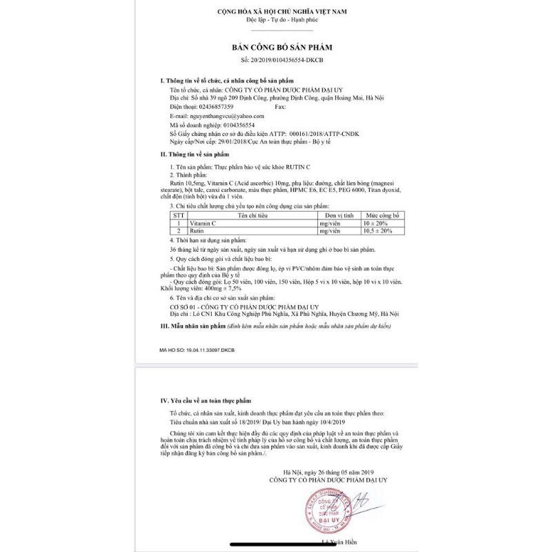 RUTIN C hộp 100 viên nến - Đại Uy