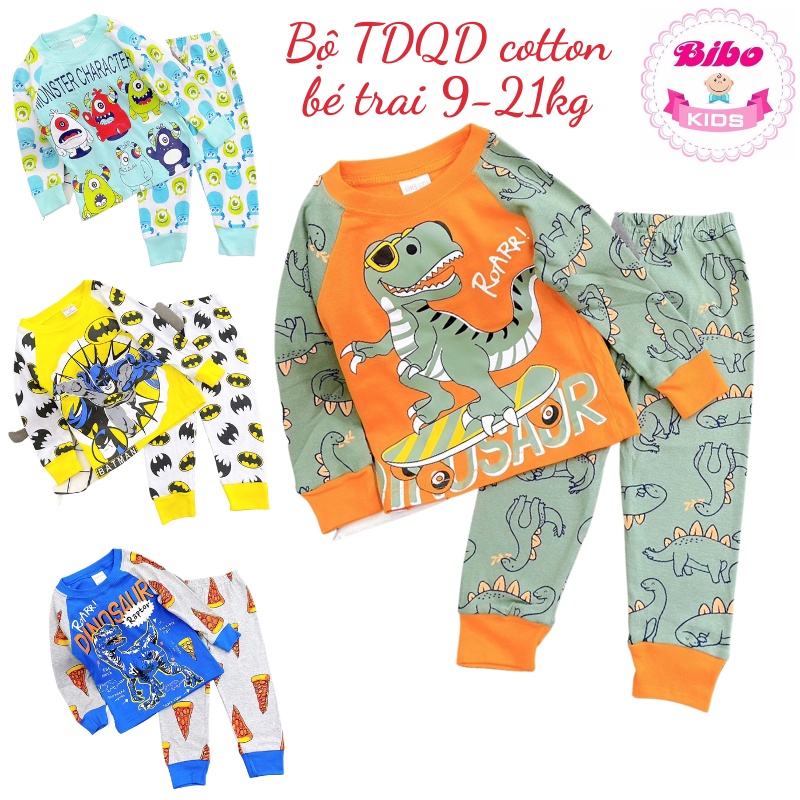 Bộ dài tay bé trai thun cotton len xuất dư mềm mịn, in hoạt hình siêu cưng, đồ bộ tay dài quần dài thu đông