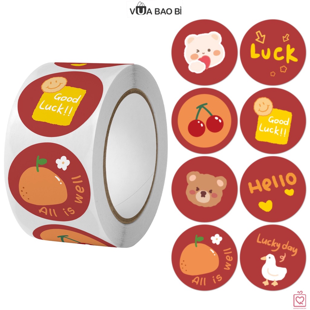 Cuộn 500 Sticker tròn niêm phong dán hộp túi đóng hàng TE03, decal nhãn dán trang trí bao bì dễ thương