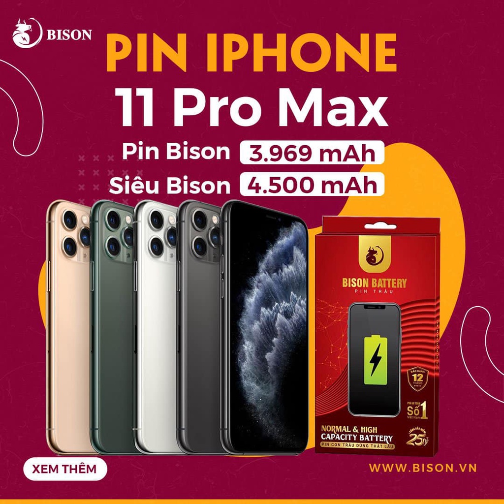 Pin Bison - Pin Chất Lượng Chuẩn Nhất Cho iPhone - BH 12 tháng + Bảo hiểm cháy nổ 25 tỷ (tặng kèm keo dán pin)