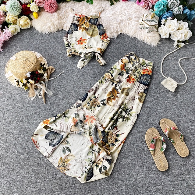 Set áo yếm croptop hở lưng thắt eo 2 dây và chân váy dáng dài hoạ tiết hoa lá vintage boho bohemian đi biển