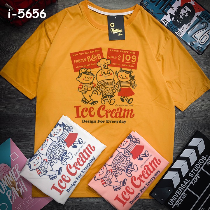 M5656 Áo Thun Màu Vàng Nghệ Unisex Chữ ICE CREAM