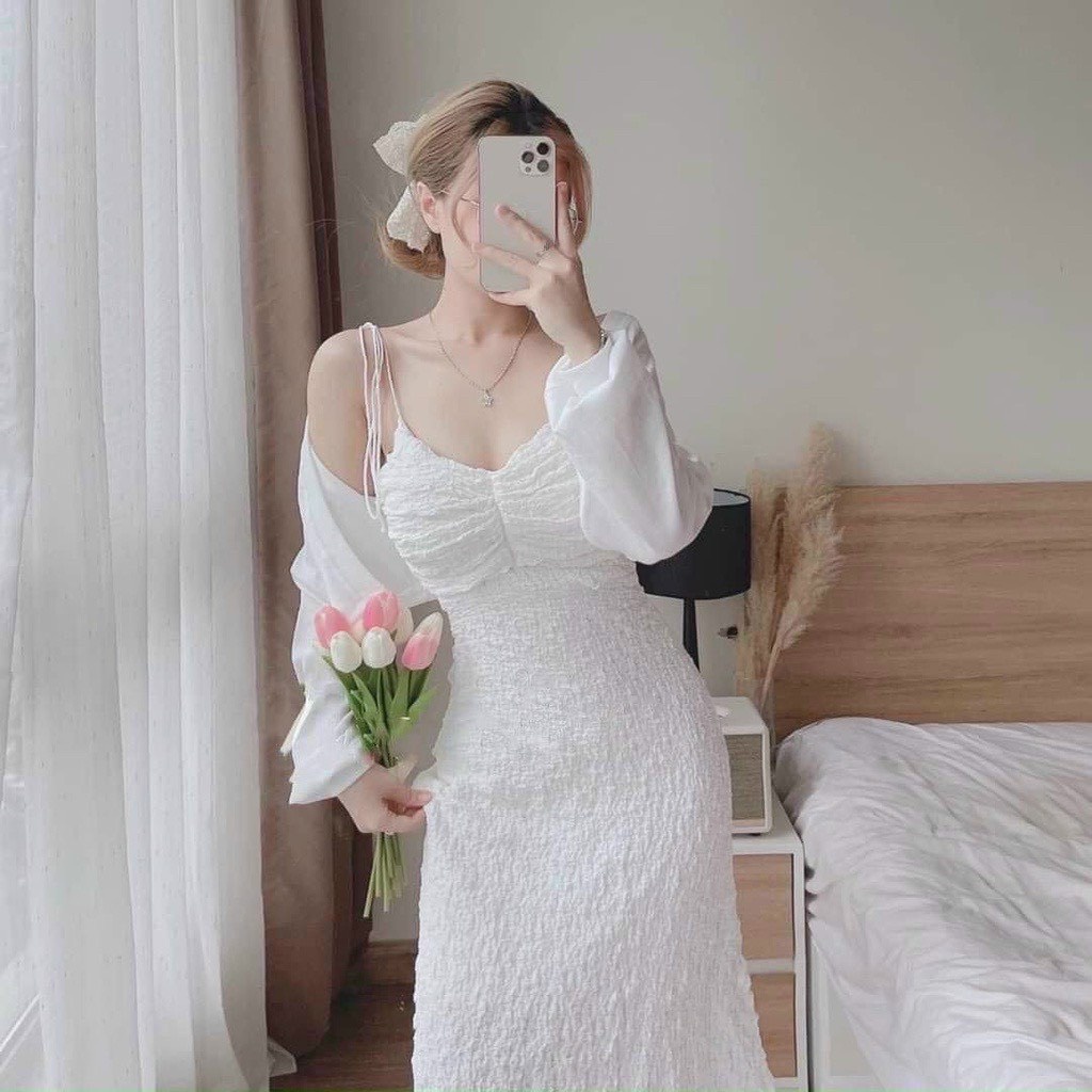 Set váy nữ 2 dây xốp xinh xắn tôn dáng mix kèm áo khoác thích hợp cho các tình yêu đi chơi, đi biển, dự tiệc