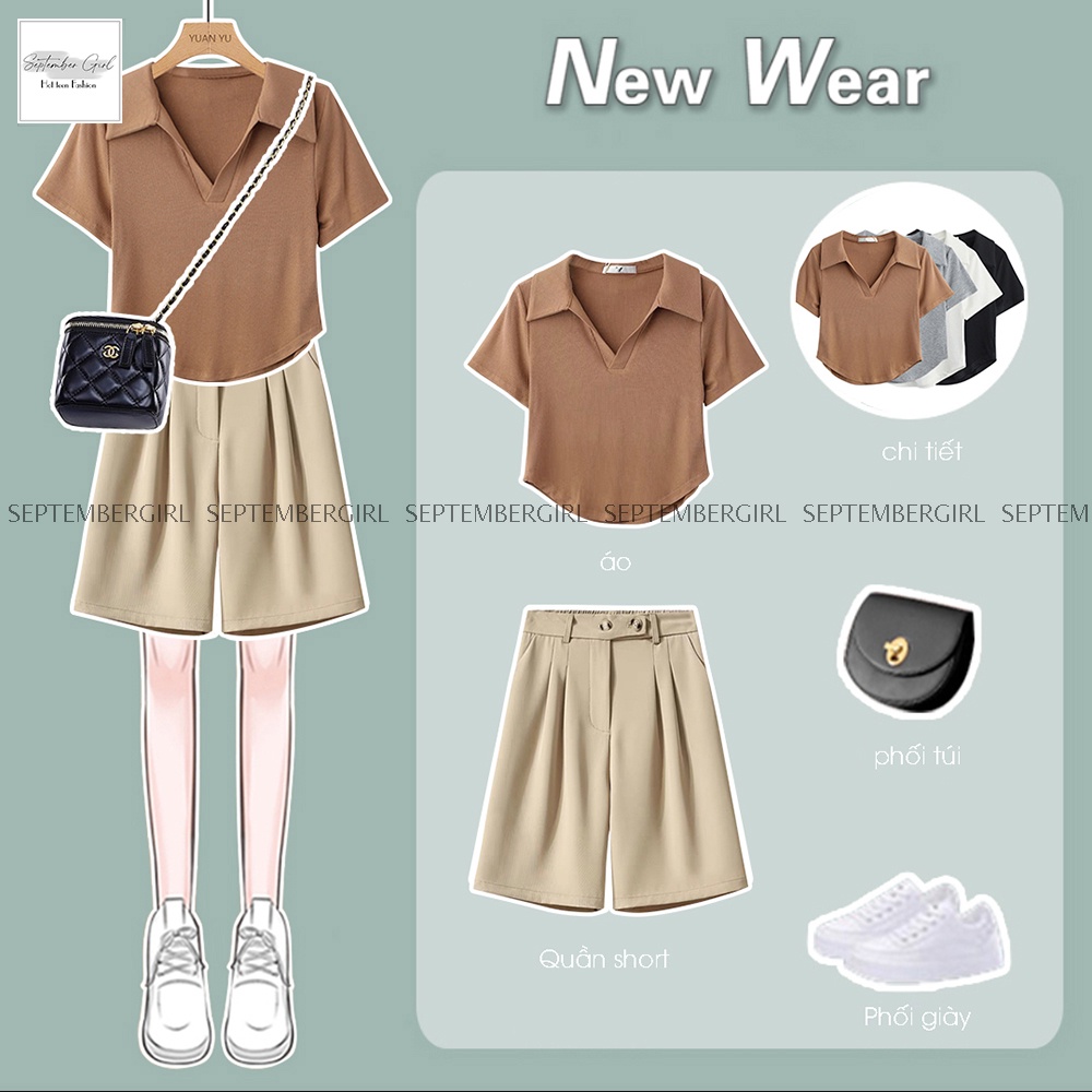 ComBo Quần Short Đùi Kết Hợp Áo Polo CropGHEP TOP Dáng Basic SEPTEMBERGIRL - GHEP TOP 001 + SHORT 001