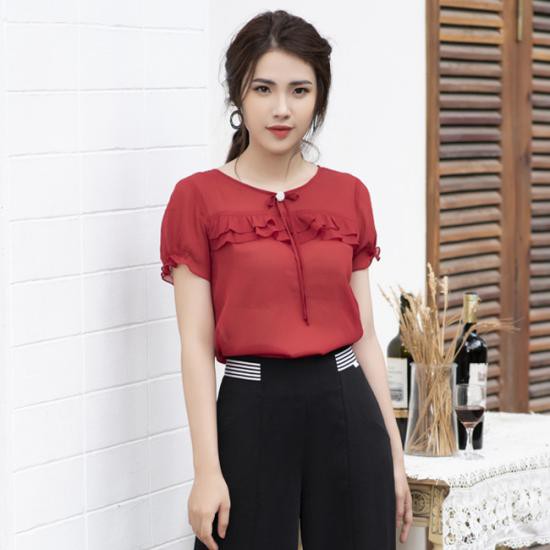 Áo kẻ lụa tơ màu đỏ đô dún bèo ToSon Fashion