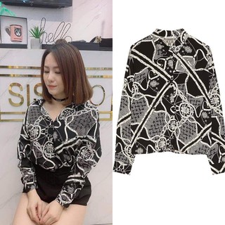 Áo smi họa tiết đen stra vien thom mieng 160