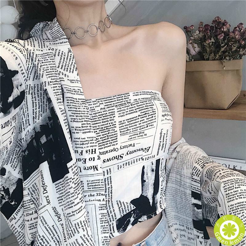 Set áo thun tay dài in họa tiết tờ báo + áo hai dây phong cách retro thời trang dành cho nữ