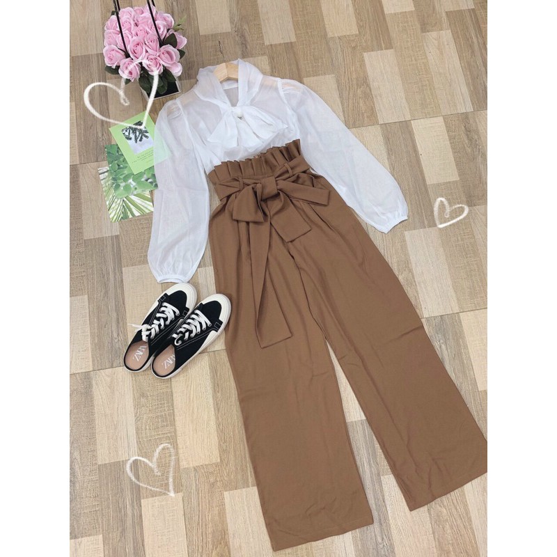 SET ÁO SƠ MI NƠ VOAN TRẮNG QUẦN CULOTTES NÂU TÂY