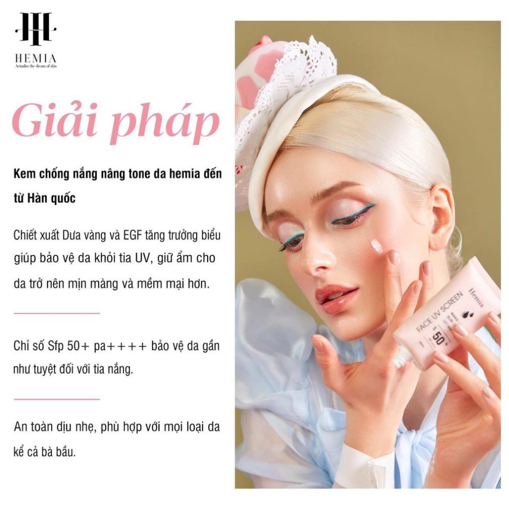 [Chính Hãng] Kem chống nắng Hemia Hàn Quốc dưỡng trắng make up bảo vệ da, chống lão hóa, da dầu - mụn - khô, da thường