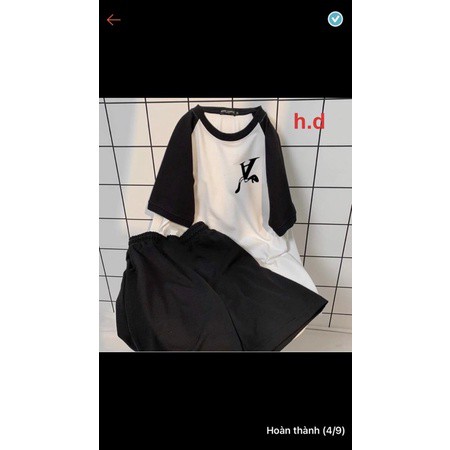 ⚡Sét bộ bộ nam nữ unisex chữ A ngược ⚡áo thun ef phối tay chất cotton + quần đùi cạp chun đen Freesize dưới 55kg