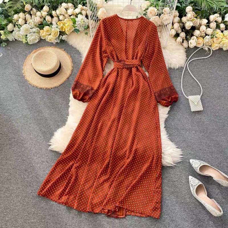 (Ảnh thật) Váy đầm maxi boho thổ cẩm dáng dài xẻ tà thắt eo chấm bi tay phồng cổ V vintage đi chơi du lịch đi biển