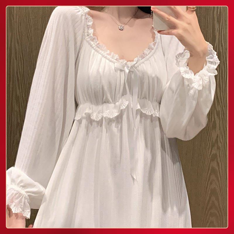 Đầm Ngủ Pijama 2021 Tay Dài Có Mút Đệm Ngực Phong Cách Công Chúa Ngọt Ngào Quyến Rũ Cho Nữ