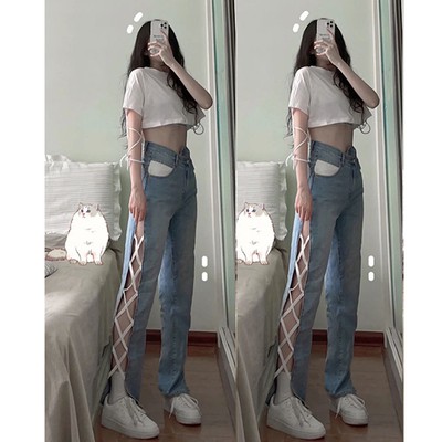 Quần jeans cạp cao cách điệu thiết kế buộc dây ống quần style ulzzang