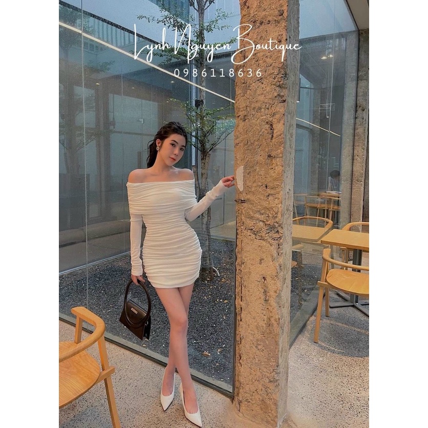 Đầm nữ thời trang mặc đi chơi chất nhủ kim sa trễ vai tay dài phối ngực váy rút dây xinh xắn