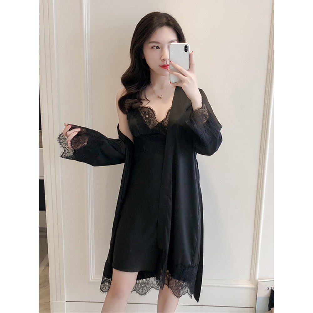 Váy ngủ lụa sexy kèm áo choàng dài tay Quảng Châu Loại 1 (Tặng kèm Mút Ngực Trắng)