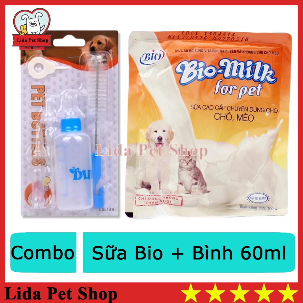 Combo sữa Bio và bình sữa 60ml cho chó mèo con  - Lida Pet Shop