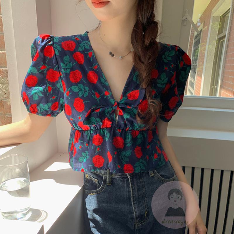 Áo Thun Ngắn Tay Cổ Chữ V Thắt Nút Trước In Họa Tiết Hoa Hồng Cho Nữ
