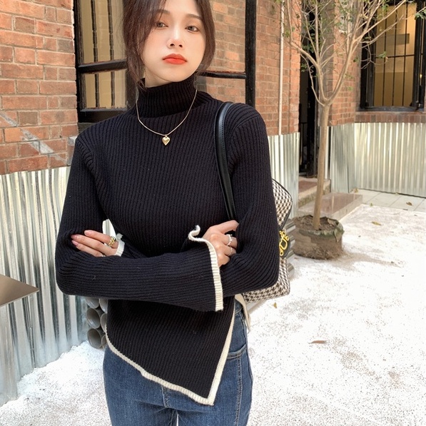 Áo sweater ZHELIHANGFEI vải dệt kim cổ lọ thiết kế độc đáo phong cách phương Tây