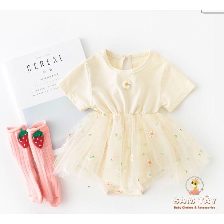 SB22 Váy xòa tay tộc màu beige hoa cúc