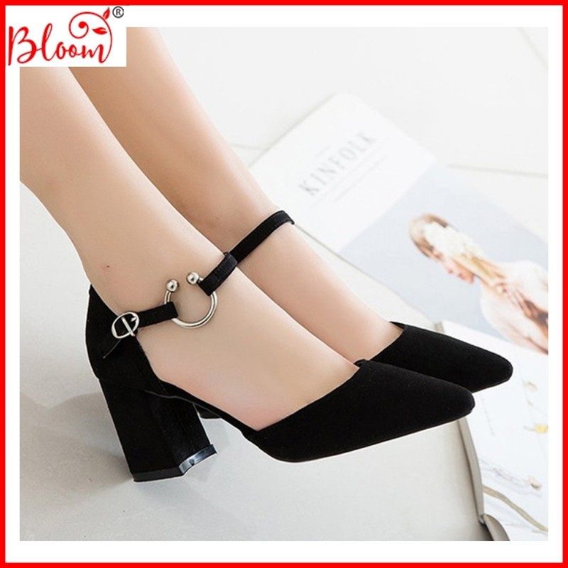 Giày cao gót nữ đế vuông 7p mũi nhọn da lộn Giày cao gót đế vuông sandal 5p bít gót chữ G16