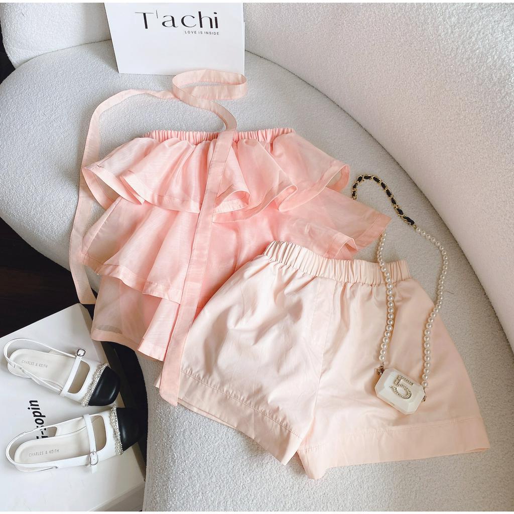 SET ĐẦM BỐNG TẦNG HỒNG CAM BBD BÈO TẦNG + QUẦN SHORT KEM CAM (TH)