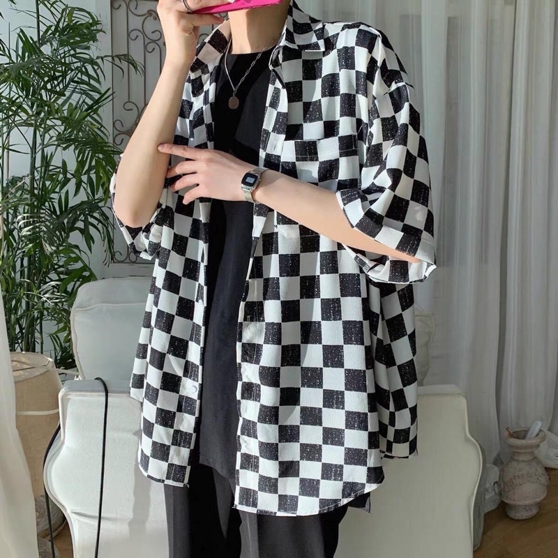 Áo Sơmi Tay Lở Unisex Caro Có Túi