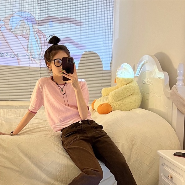 Áo thun ZHELIHANGFEI dệt kim tay ngắn cổ tròn dễ phối đồ hợp thời trang cho nữ